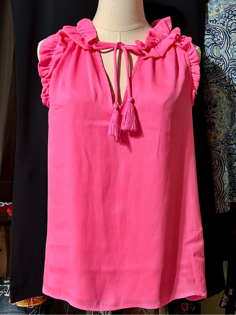 crown & ivy Bright Pink Ruffle Tassel Tie Sleeveless Blouse